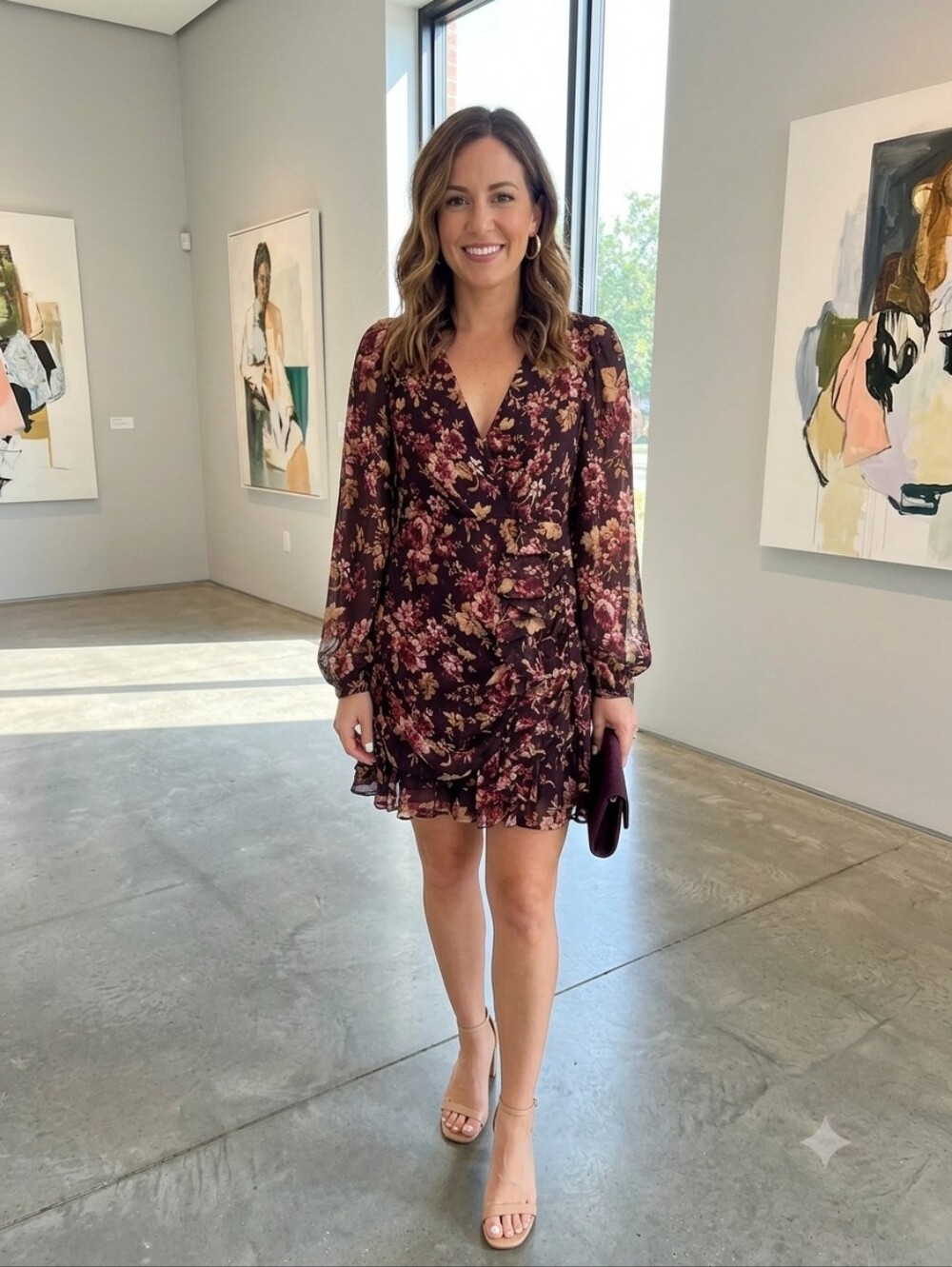 Express Plum Floral Wrap-Style Ruffle Dress with Pink & Gold Blooms
